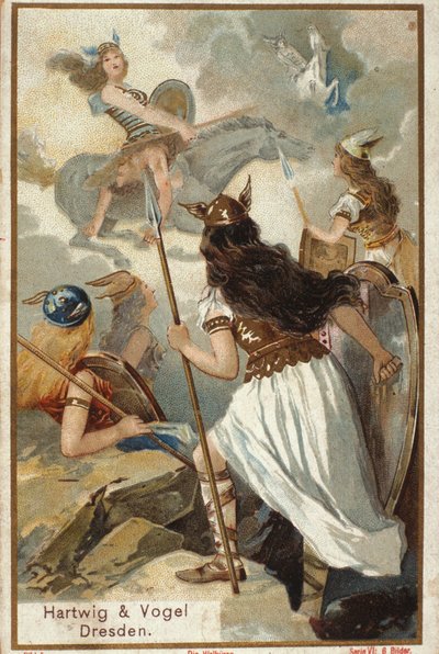 Nordische Mythologie: Die Walküren (jungfräuliche Kriegerinnen) in Valholl (oder Walhalla, Valhalla, Valhalle: Ort, an dem tapfere Krieger gebracht werden) und der Fall der Krieger im Kampf. Chromolithographie des 19. Jahrhunderts von Unknown artist