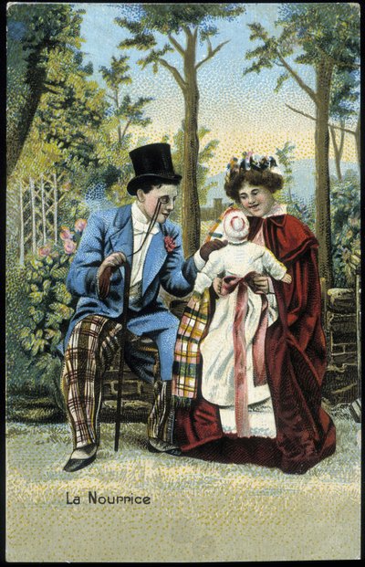 Krankenschwester mit einem Baby im Gespräch mit einem Mann in einem Park - Chromolithographie, späte 19. Jahrhundert. von Unknown artist