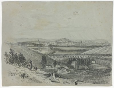 Panoramablick auf eine Eisenbahnbrücke und Stadt von Unknown artist