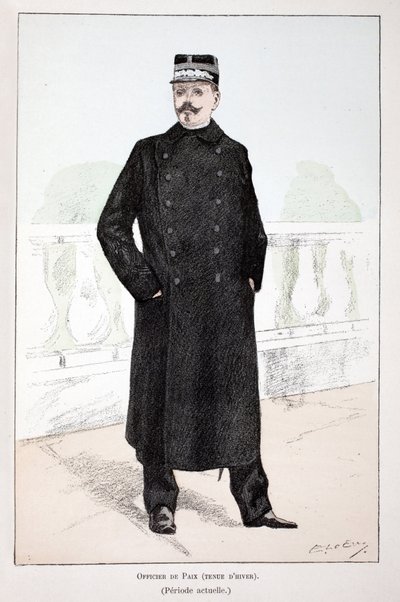 Friedensoffizier, Winterkleidung (Lepine-Periode). Farbradierung zur Illustration „Histoire du corps des gardiens de la paix“, Buch veröffentlicht unter der Schirmherrschaft von Louis Lepine (1846-1933), Polizeipräfekt der Seine, von Alfred Rey (1864-?) un von Unknown artist