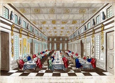 Perspektivische Ansicht des Festsaals von Versailles zur Feier des Friedens im Jahr 1763 zwischen Großbritannien, Frankreich und Spanien. von Unknown artist