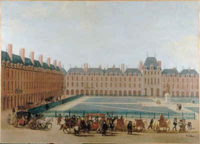 Place Royale, um 1660; Durchfahrt der Kutsche des Königs. Heutiger Place des Vosges, 4. Arrondissement, um 1655-1665 von Unknown artist