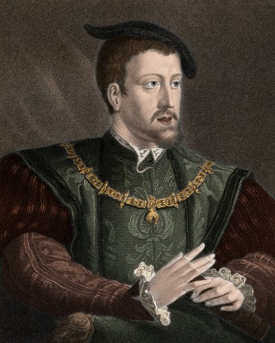 Porträt von Kaiser Karl V. (1500-1558) mit der Halskette des Ordens vom Goldenen Vlies - Karl V. (1500-1558) trägt die Kette des Ordens vom Goldenen Vlies um den Hals - Stich - 19. Jahrhundert von Unknown artist