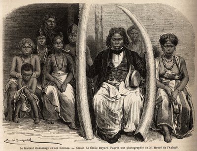 Porträt eines afrikanischen Elfenbeinhändlers, umgeben von seinen Frauen. Zeichnung von Emile Bayard, zur Illustration der Reise nach Gabun, 1861-64, von Dr. Griffon du Bellay. Gravur in „Le tour du monde“, herausgegeben von Edouard Charton von Unknown artist