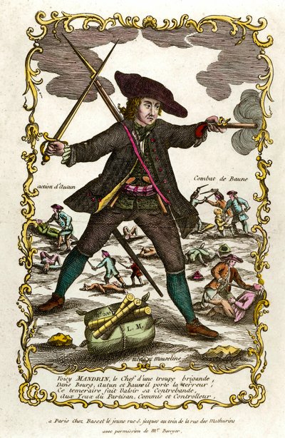 Porträt des französischen Banditen Louis Mandrin (ca. 1725-1755). Hinter ihm, Autuns Aktion und Baunes Kampf. Gravur des 18. Jahrhunderts. Private Sammlung von Unknown artist