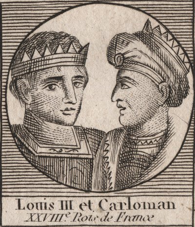 Porträts von Ludwig III. (863/65-882), König der Franken zwischen 879 und 882, und Karlmann II. (866-884), König der Franken von 879 bis 884 - Gravur aus 