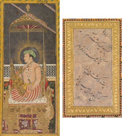 Posthumes Porträt von Kaiser Jahangir unter einem Baldachin (recto); Kalligraphie (verso) von Unknown artist