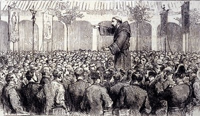 Predigt eines Kapuzinermönchs an die Pilger, die nach Lourdes in die Hohen Pyrenäen kamen, wo die Jungfrau Maria 1858 Bernadette Soubirous (1844-1879) erschien, heute ein Wallfahrtsort. Gravur von 1877 von Unknown artist