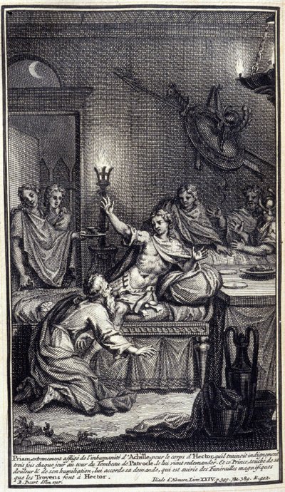Priamos, äußerst betrübt über die Unmenschlichkeit des Achilles, wegen Hektors Leiche, die er jeden Tag dreimal um das Grab von Patroklos schleifte, kommt, um ihn erneut zu bitten. Und dieser Prinz, gerührt von seinem Schmerz und seiner Demütigung, gewährt von Unknown artist