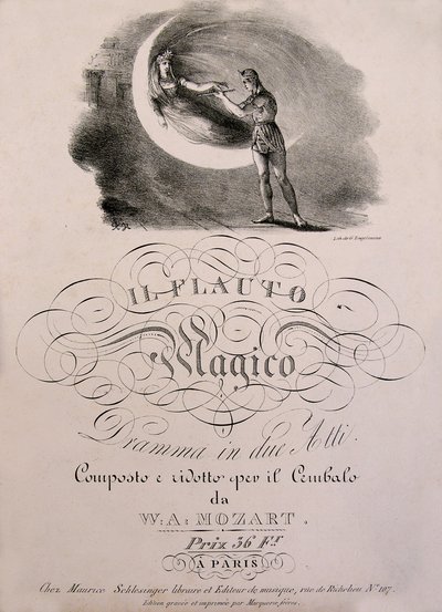 Prinz Tamino erhält die Zauberflöte der Königin der Nacht, Titelillustration des Partiturbuchs von "Die Zauberflöte" (1791) von W.A. Mozart (1756-1792). Leonard de Selva Sammlung. von Unknown artist