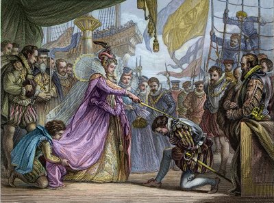 Königin Elisabeth I. (1530-1603) schlägt Francis Drake (1540-96) zum Ritter - Weichzeichnung von Francis Drake (1540-1596) von Unknown artist