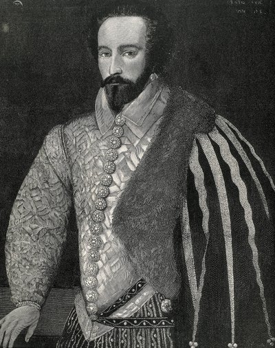 Raleigh, Sir Walter (1554-1618). Englischer Seefahrer, Entdecker und Makler. Porträt von Sir Walter Raleigh. Graviert 1891, ausgeführt nach einem anonymen Original, das in der National Portrait Gallery von London aufbewahrt wird. von Unknown artist