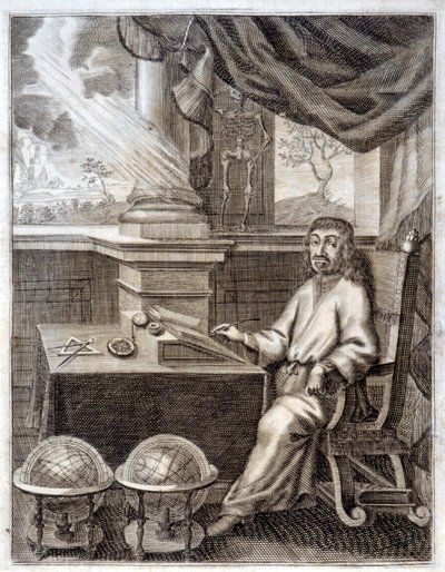 René Descartes (1596 - 1650) in seinem Büro mit wissenschaftlichen Geräten. Gravur des 17. Jahrhunderts von Unknown artist
