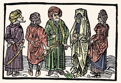 Darstellung von Buchweizen. Männer mit Armen mit verschlungenen Köpfen und verschleierte Frauen. Xylographie aus dem 15. Jahrhundert von Unknown artist