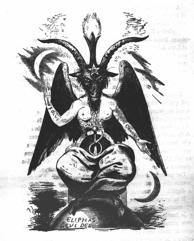 Darstellung des Baphomet: ein Monster mit einem Ziegenkopf und einem Frauenkörper mit alchemistischen Zitaten auf den Armen „solve“ und „coagula“, einem Hermaphroditen zwischen den Beinen und einem Pentagramm auf der Stirn. Der Teufel von Eliphas Levi (Alp von Unknown artist
