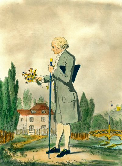Darstellung des Schweizer Philosophen Jean Jacques Rousseau (1712-1778) beim Blumenpflücken in Ermenonville. Stich des 18. Jahrhunderts. Privatsammlung von Unknown artist