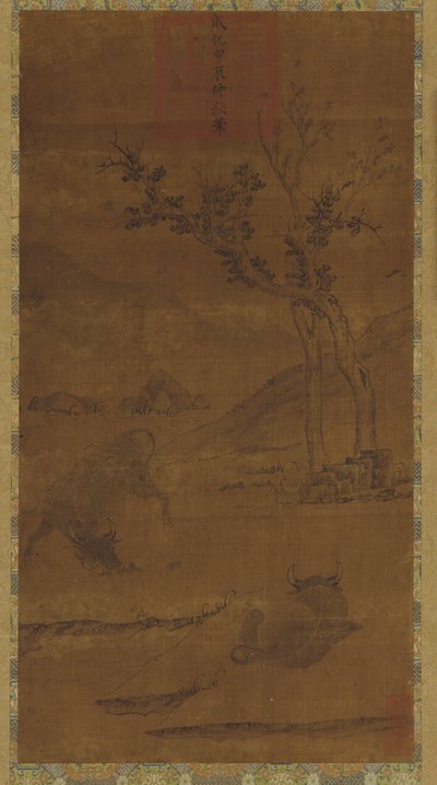 Flusslandschaft: Zwei Wasserbüffel und ein schlafender Hirtenjunge von Unknown artist