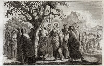 Royaumont-Bibel, Neues Testament: Bekehrung des Zachäus. Jesus Christus spricht mit Zachäus, der auf dem Maulbeerbaum sitzt. Illustration von 1811. von Unknown artist