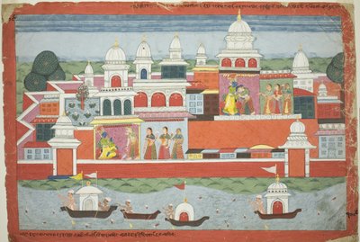 Rukmini bittet Krishna um Erlaubnis, ihren Bruder Rukma zu besuchen, Seite aus einem verstreuten Bhagavata Purana Manuskript von Unknown artist