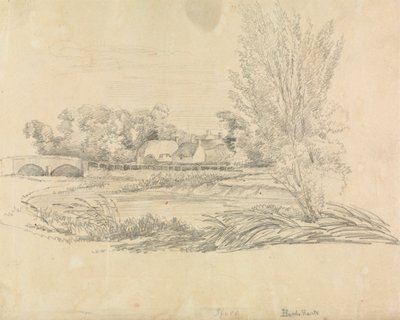 Ländliche Landschaft mit Brücke und Hütten von Unknown artist