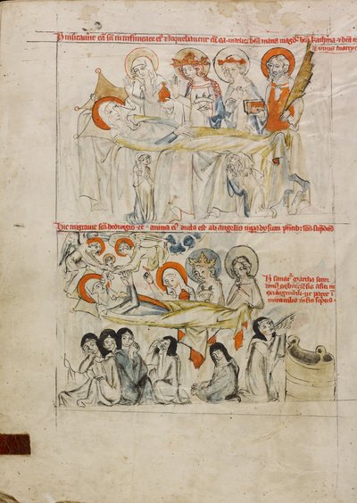 Heilige Hedwig auf ihrem Krankenbett, umgeben von Heiligen; Der Tod der Heiligen Hedwig und ihre Seele wird ins Paradies aufgenommen von Unknown artist