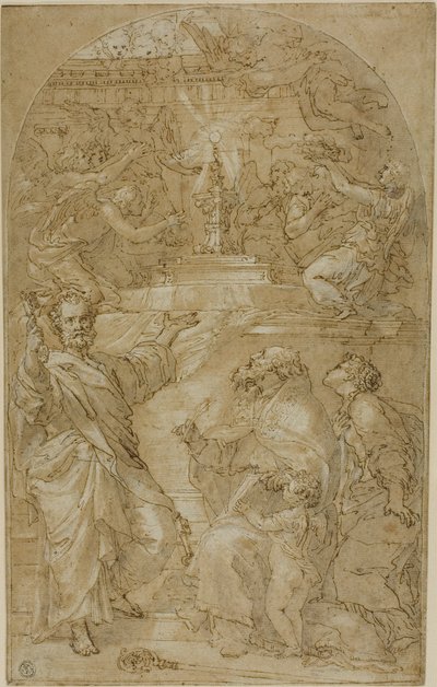 Heiliger Petrus, Heiliger Augustinus und eine weibliche Heilige in Anbetung der Eucharistie von Unknown artist