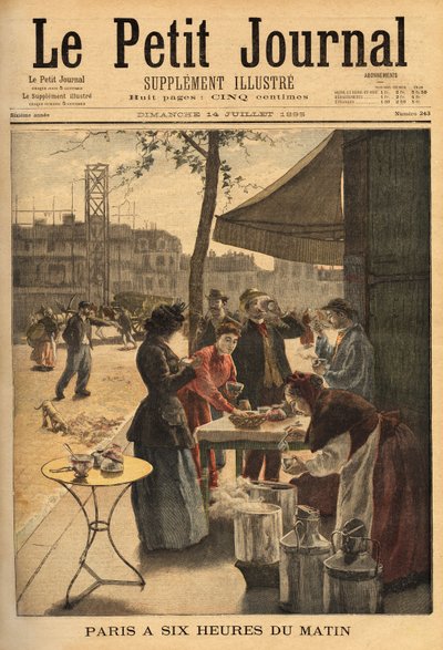 Verkäuferin von Suppe und Milchkaffee, gehalten unter den Kutschentoren um 6 Uhr morgens für das Frühstück im Freien der Pariser Arbeiter von Unknown artist