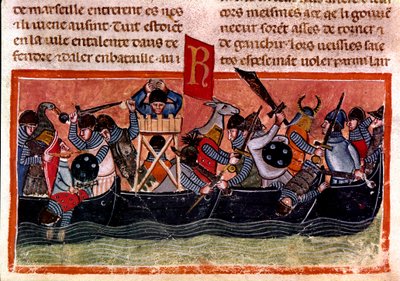 Szene einer Seeschlacht. Miniatur aus einem französischen Kodex auf Pergament „Taten der Römer“ (13. Jahrhundert) von Unknown artist