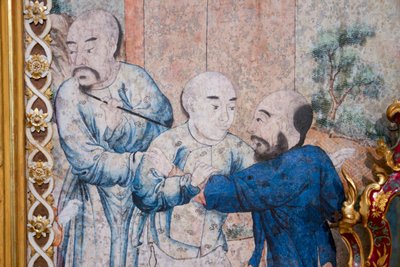 Szenen des Alltagslebens in China, Detail der chinesischen Tapete, Chinesisches Kabinett, Jagdresidenz, von Filippo Juvarra, Stupinigi, Piemont, Italien von Unknown artist