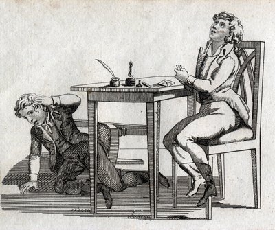 Schüler an einem Tisch mit Tintenfass. Gravur späte 18. Jahrhundert. Private Sammlung. von Unknown artist