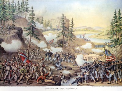 Sezessionskrieg (1861-1865) oder Amerikanischer Bürgerkrieg: 24.-25.11.1863: Nach zwei Tagen Schlacht bei Chattanooga, Tennessee, Sieg der Nordarmee unter General Rosecrans. Gravur von Unknown artist