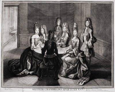 Zweiter Raum der Appartements (Versailles): 1. Monsignore, 2. Madame Prinzessin von Conty Witwe, 3. Monsieur der Herzog von Bourbon, 4. Madame die Herzogin von Bourbon, 5. Monsieur de Vendôme, Großprior von Frankreich. Gravur von Trouvain, frühes 18. Jahrh von Unknown artist