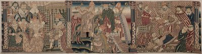 Abschnitt eines bestickten Frieses: Ahasverus und Esther, Der Papst tadelt den Kaiser, Heinrich VIII. tritt auf den Nacken des Papstes von Unknown artist