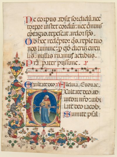 Einzelblatt aus einem Choralpsalter: Initiale E[xultate Deo] mit König David, der die Laute spielt (Psalm 80) von Unknown artist