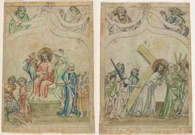Einzelblatt aus einer "Biblia Pauperum": Christus mit Dornenkrone (recto) Christus trägt das Kreuz (verso) von Unknown artist