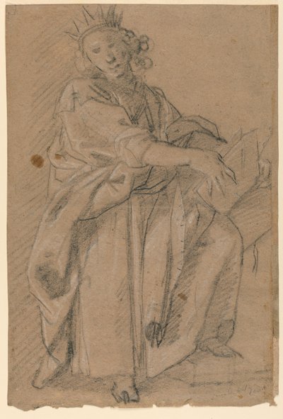 Skizze einer stehenden gekrönten Figur mit einem Buch von Unknown artist