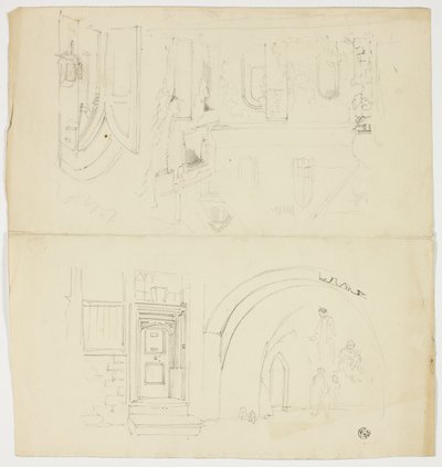 Skizzen von Türöffnung, Figuren, Gebäude mit Seiteneingang zur Kirche (recto); Skizze eines Turms (verso) von Unknown artist