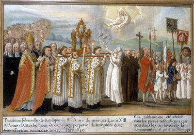 Feierliche Übertragung der Reliquie der Heiligen Anna, geschenkt von Ludwig XIII. und Anna von Österreich als ewiges Zeichen ihrer Frömmigkeit und Zuneigung zu diesem Ort, im Jahr 1640 - Ex-Voto von Sainte-Anne d