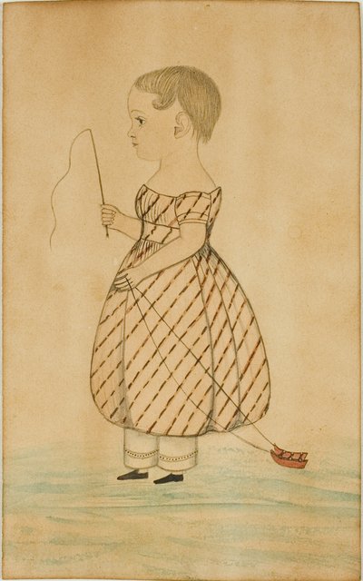 Stehendes Mädchen im Profil nach links mit Peitsche und Spielzeugschlitten von Unknown artist