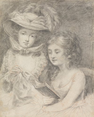 Studie einer Frau beim Nähen und eines Mädchens beim Lesen von Unknown artist