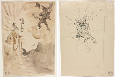 Der Bischof und der Dämon (recto); Drei Dämonen halten einen Ritter (verso) von Unknown artist