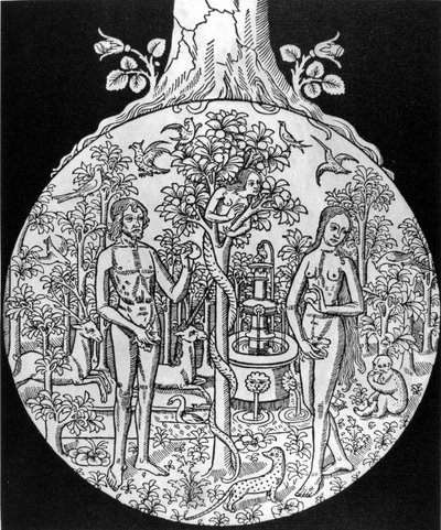 Der Baum der Erkenntnis (Adam und Eva im Paradies) - Gravur, Anfang 16. Jahrhundert, in „L