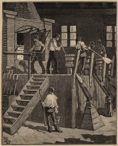 Die Kunst des Glases: Glasarbeiter stellen Glas nach der französischen Methode her. Gravur von 1885 in „Les arts et metiers illustres“ von Adolphe BITARD von Unknown artist