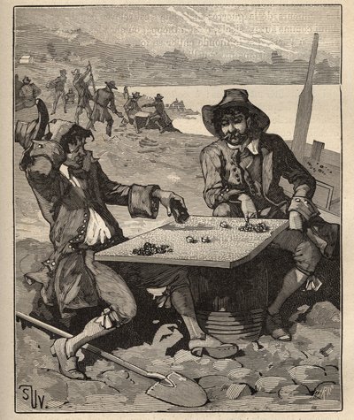 Die Kunst des Edelsteinschleifens: Erfinder der Diamantminen Brasiliens zu Beginn des 18. Jahrhunderts. Goldsucher spielen mit Kristallen als Chips, ohne zu wissen, dass es echte Diamanten sind. Gravur von 1885 in „Les arts et métiers illustrés“ von Adolph von Unknown artist