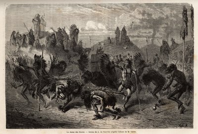 Der Bison-Tanz, aufgeführt von den Kriegern der Mandan-Indianer (oder noumah ka kie: Fasane) am linken Ufer des Missouri. Gravur zur Illustration eines Ausflugs unter die Indianerstämme der Becken von Kolumbien und Ober-Missouri, von G. Catlin, veröffentli von Unknown artist