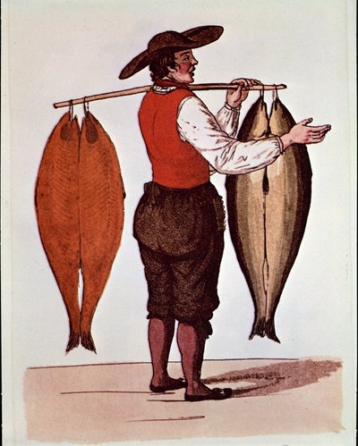 Die Rufe von Paris: ein wandernder Lachshändler raucht Elbe. Anonymer Druck aus dem 19. Jahrhundert. Private Sammlung von Unknown artist
