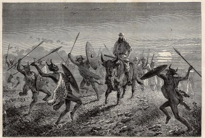 Die Eskorte des Reisenden Baker führt eine Fantasia auf, bevor sie zum Albertsee (oder Albert Nyanza) aufbricht. Illustration der Reise zum Albertsee, 1861-1864, von Sir Samuel White Baker, in "Le tour du monde, nouveau journal des voyages" von Unknown artist