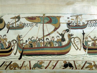Die Flotte von Wilhelm I. dem Eroberer (1027-1087) überquert den Kanal nach England. Bayeux-Tapete oder Stickerei von Königin Mathilde von Unknown artist
