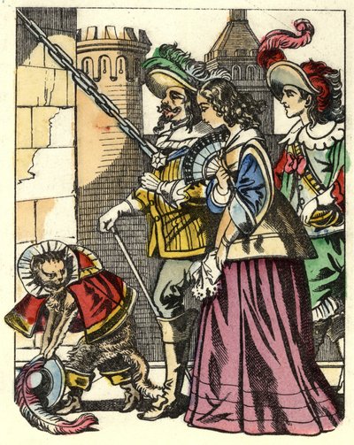 Der König, die Prinzessin und der Marquis von Carabas kommen am Schloss des Ogers an, vor ihnen der gestiefelte Kater. Illustration des Märchens „Der gestiefelte Kater“ von Charles Perrault von Unknown artist