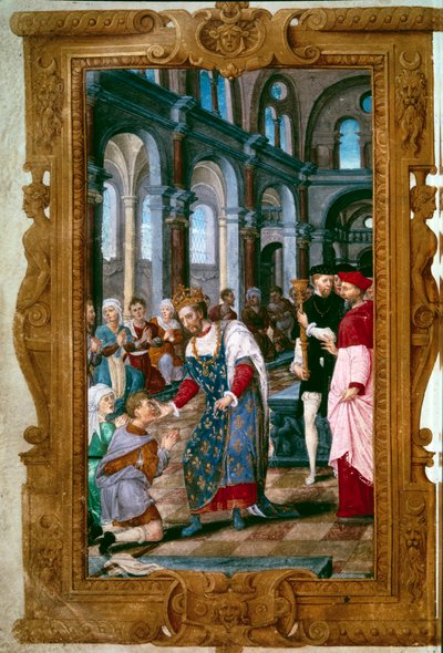 Der König berührt, Gott hört dich. König Heinrich II. (1519-1559), Thaumaturg, heilt Kranke in der Abtei von Saint Marcoul nach der Krönungszeremonie in Reims. Miniatur aus 